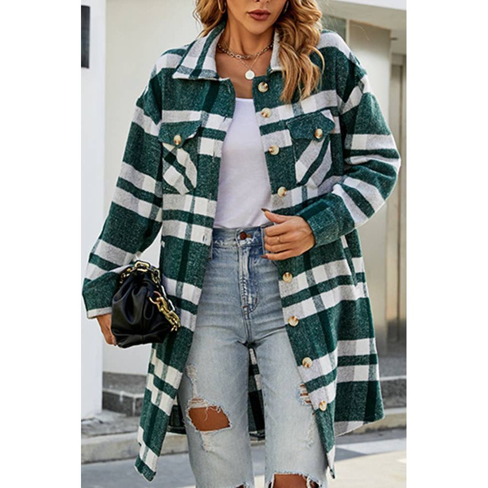 Long Plaid Coat Striped Button Up Side Poacketed Jacket