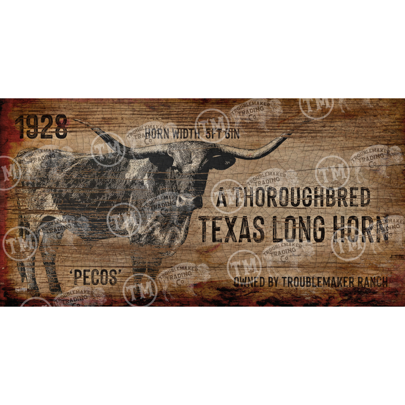 Thoroghbred Long Horn Rustic Sign - 18" x 36" Large Rectangle Artwork