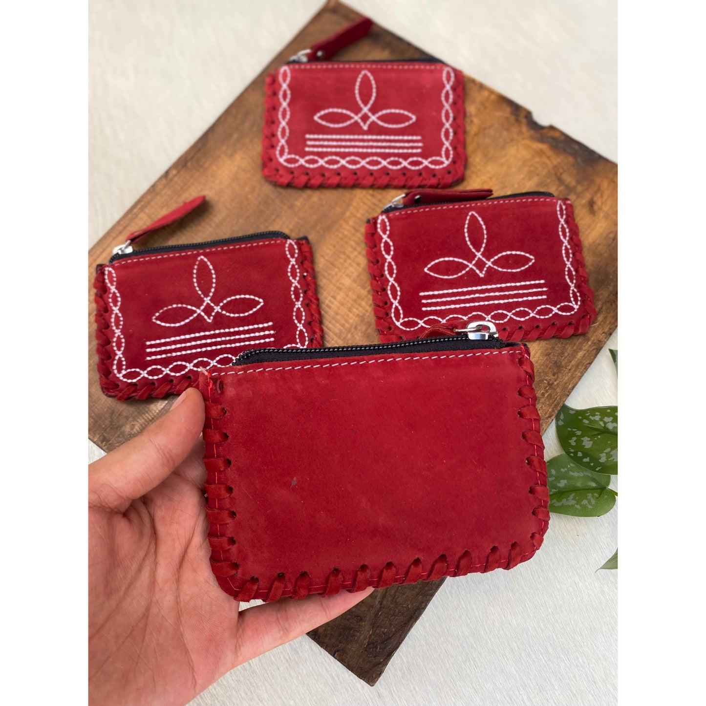 Carmine Suede Leather BootStitch Coin Pouch