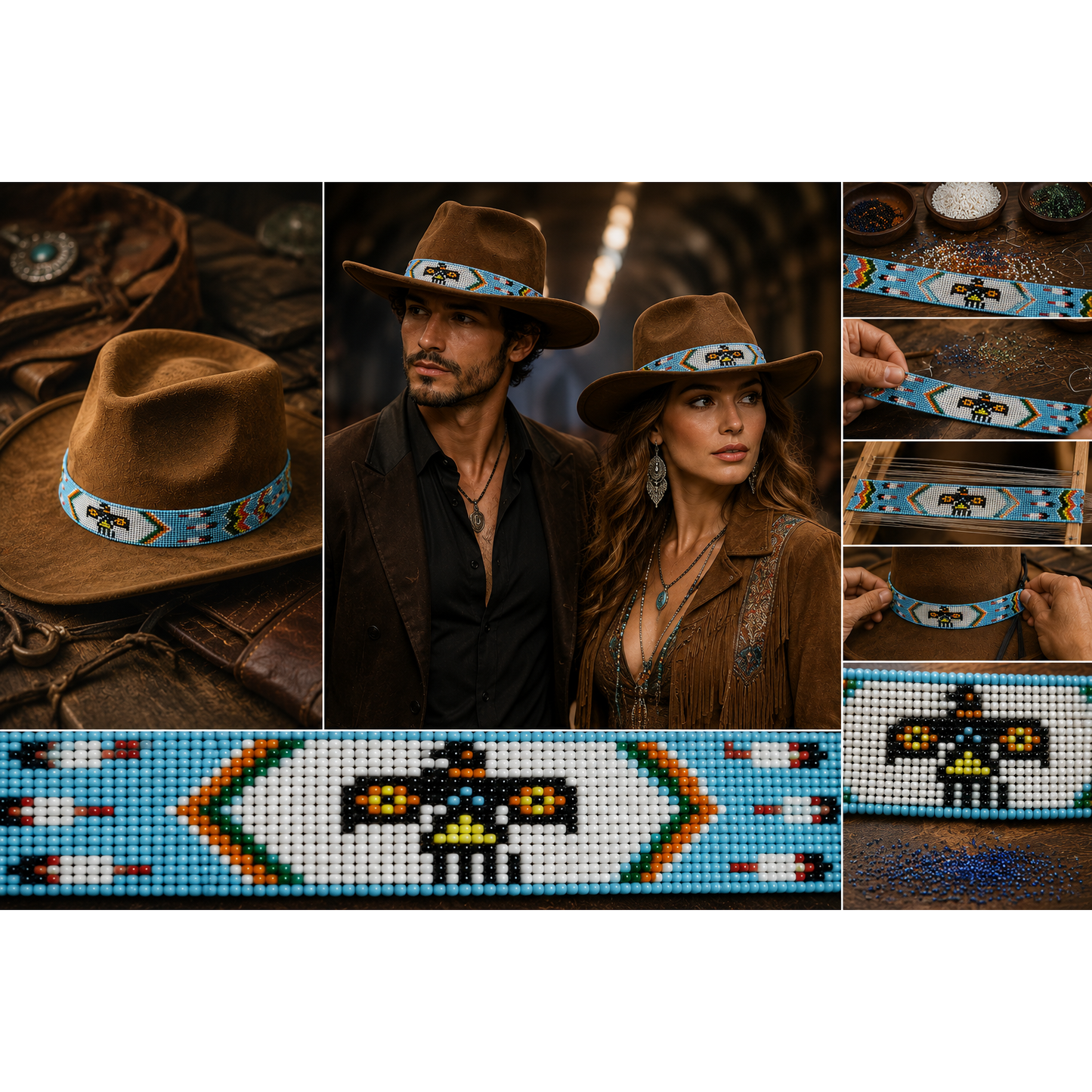 Blue White Red Yellow Seed Beaded Thunderbird Beadwork Cowbo