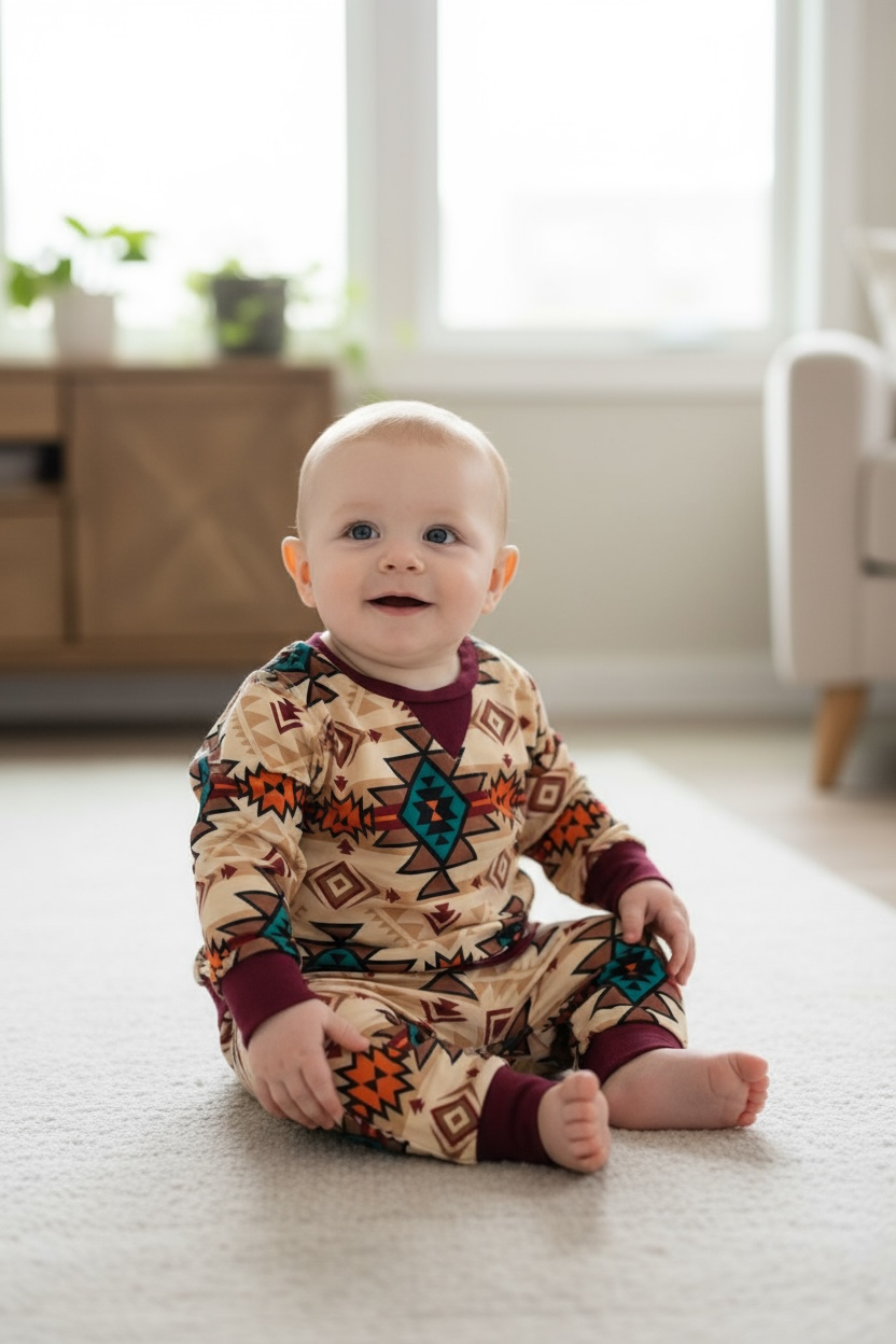Aztec printed boys pajamas with burgundy trim.