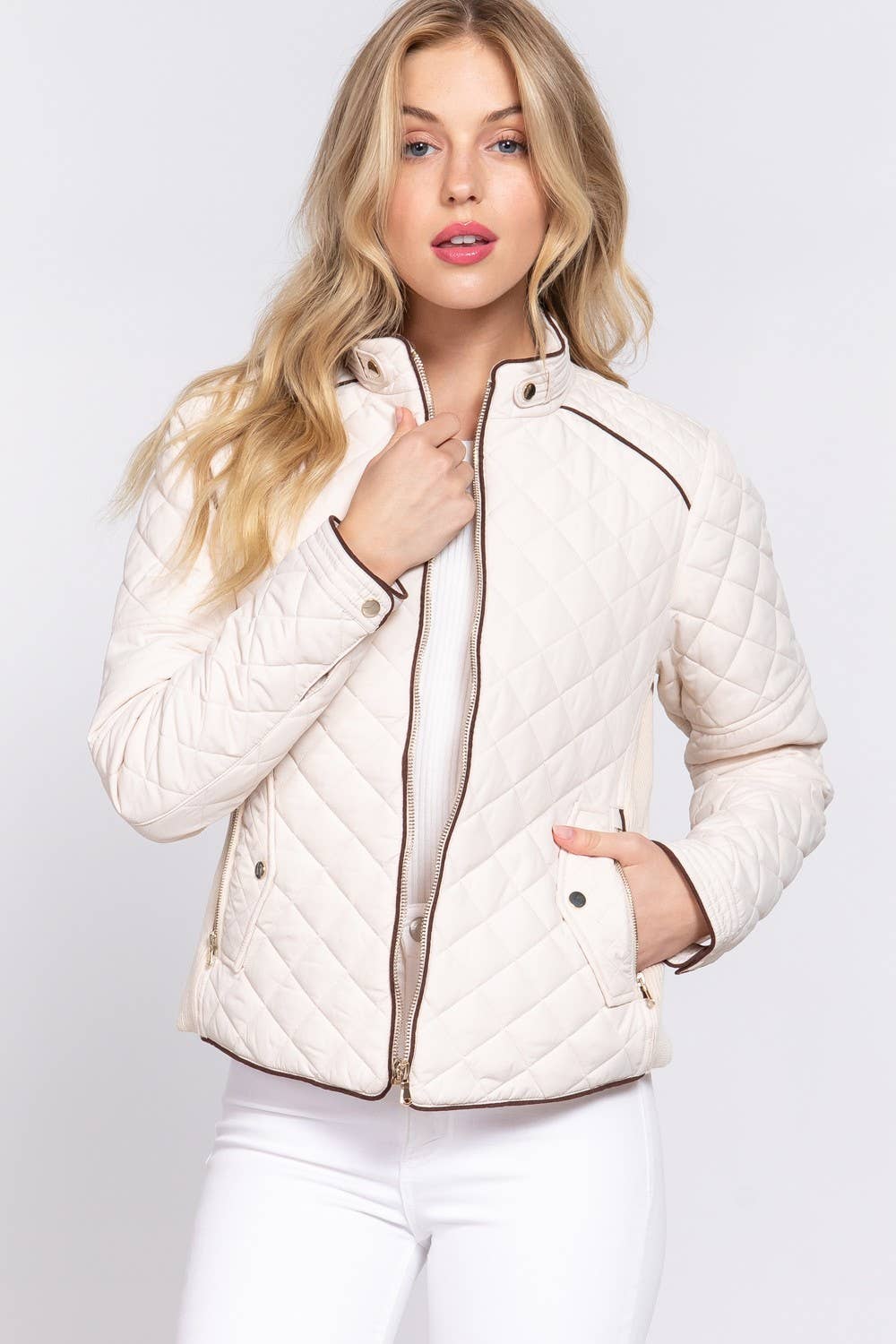 Suede Piping Detail Side Rib Quilted Padding Jacket