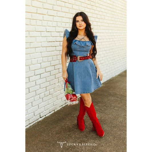 LUCKY & BLESSED - Denim, Off the Shoulder, Ruffle Dress