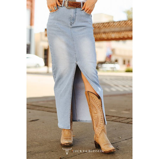 LUCKY & BLESSED - Denim Maxi Skirt, Light Wash