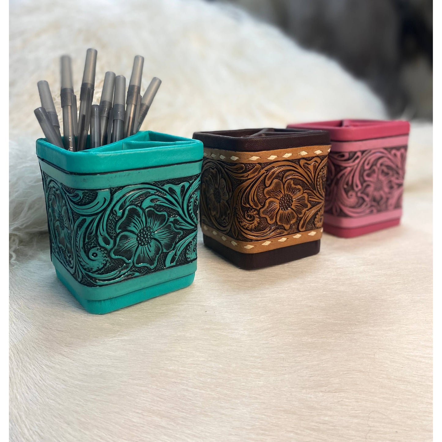 Turquoise Tooled Leather Pencil Holder