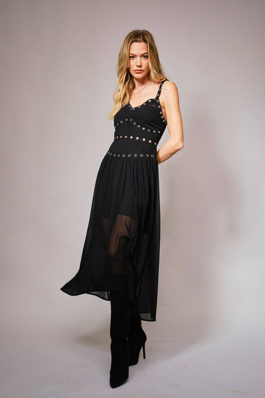23369D - Chiffon Grommet Eyelet Trim Detailing Midi Dress