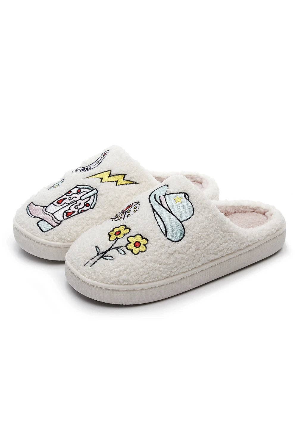 White Asymmetric Embroidered Pattern Cowgirl Plush House Slippers