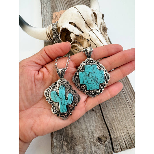 Western Stone Pendant Necklace - Cactus / Cross