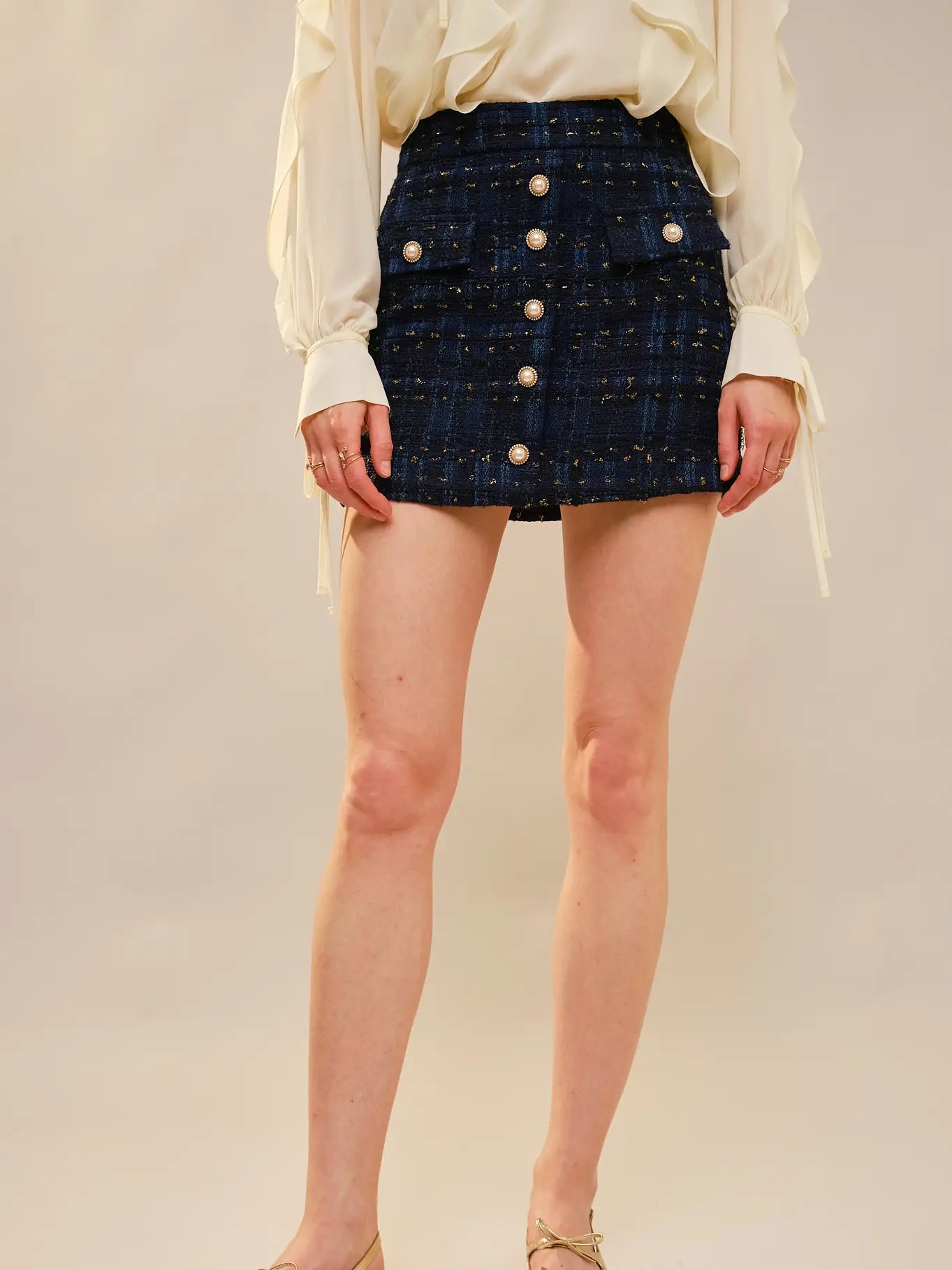Blue B Button Front Tweed Mini Skirt 37769S