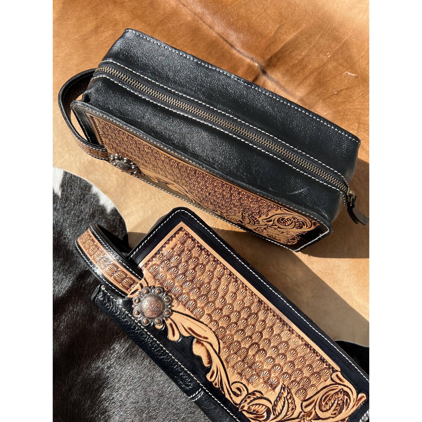 Western Tooled Leather Toiletry Bag Case