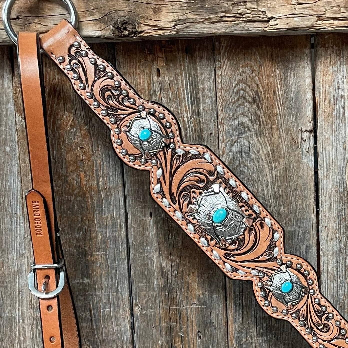 Rodeo Drive - Silver Buck stitch with Turquoise Browband / One Ear / Breast collar TACK SET #BBBC478