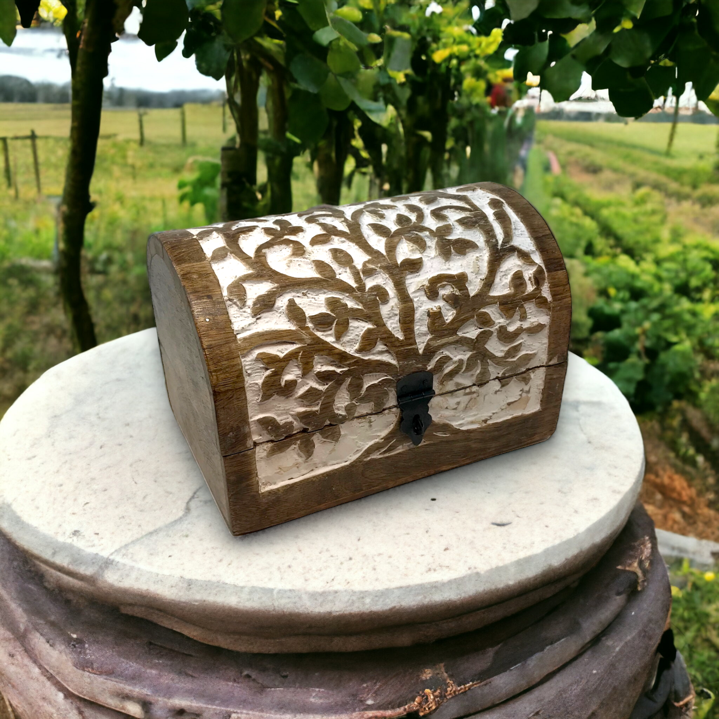 Hand-Carved Wood "Tree of Life"Hinged Box Chest Holiday
