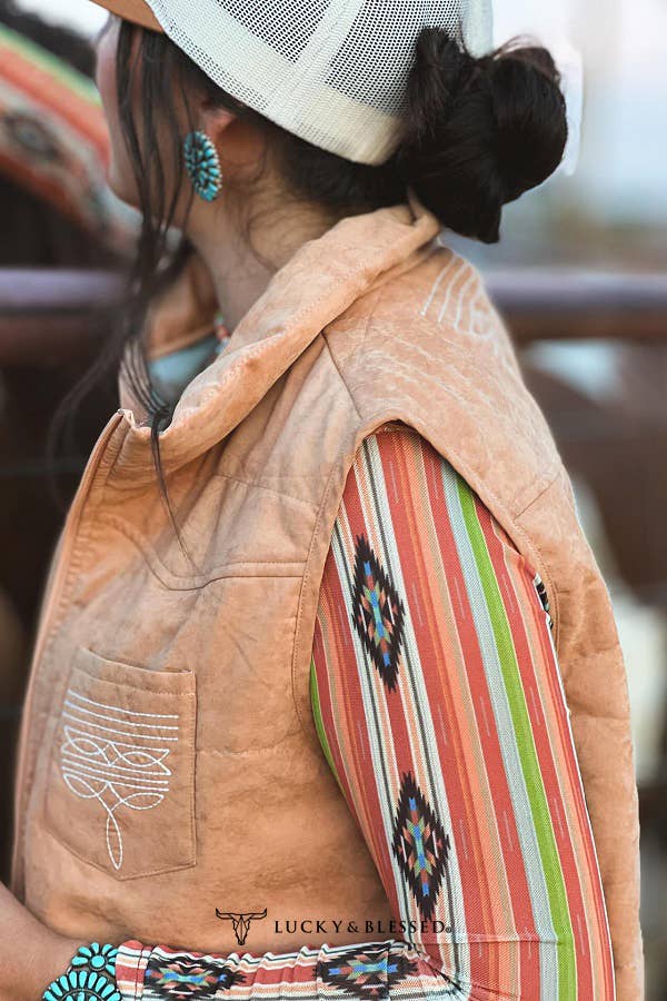 Camel Puffer W Aztec Lining Boot Stitch Detail Vest