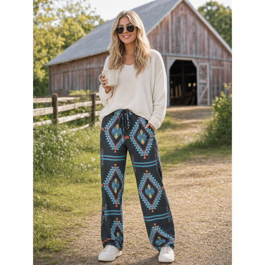 AV1044-CYNTHIA AZTEC PRINT RELAXED LONG PANTS