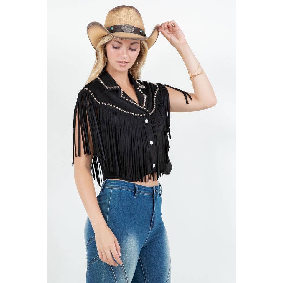 SIJ5407A BLACK FRINGE AND STUDDED DETAIL VEST