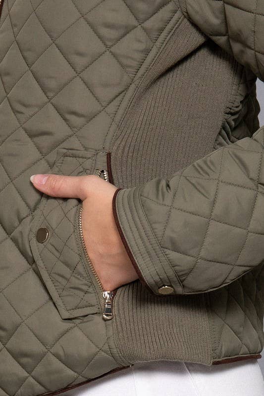 Suede Piping Detail Side Rib Quilted Padding Jacket