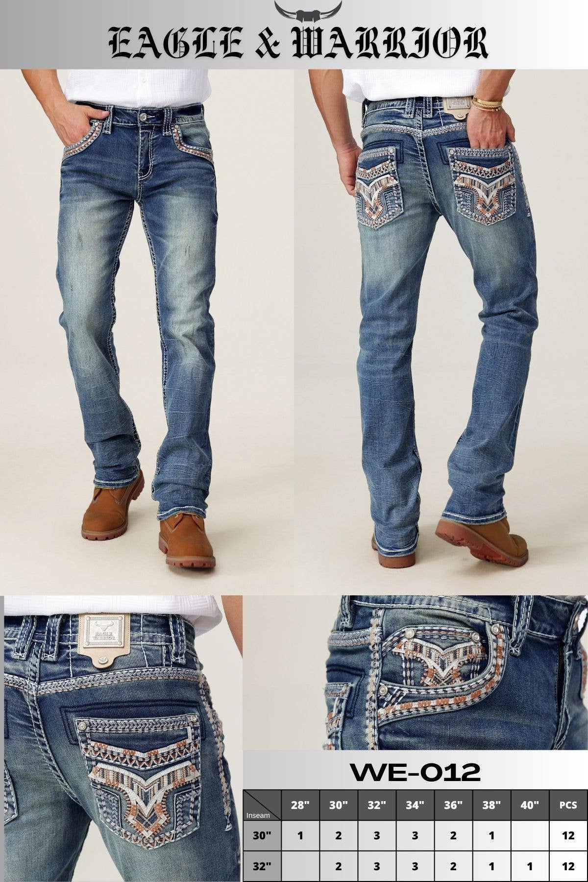 WE-012 Eagle Warrior Men's Western Straight Stretch Jeans
