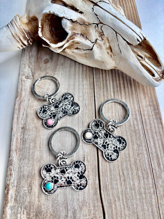 Paw Printed Dog Bone Metal Pendant Keychain