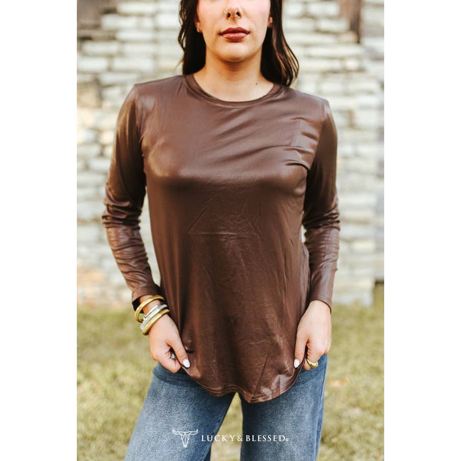 Brown Faux Leather Long Sleeve Round Neck Top