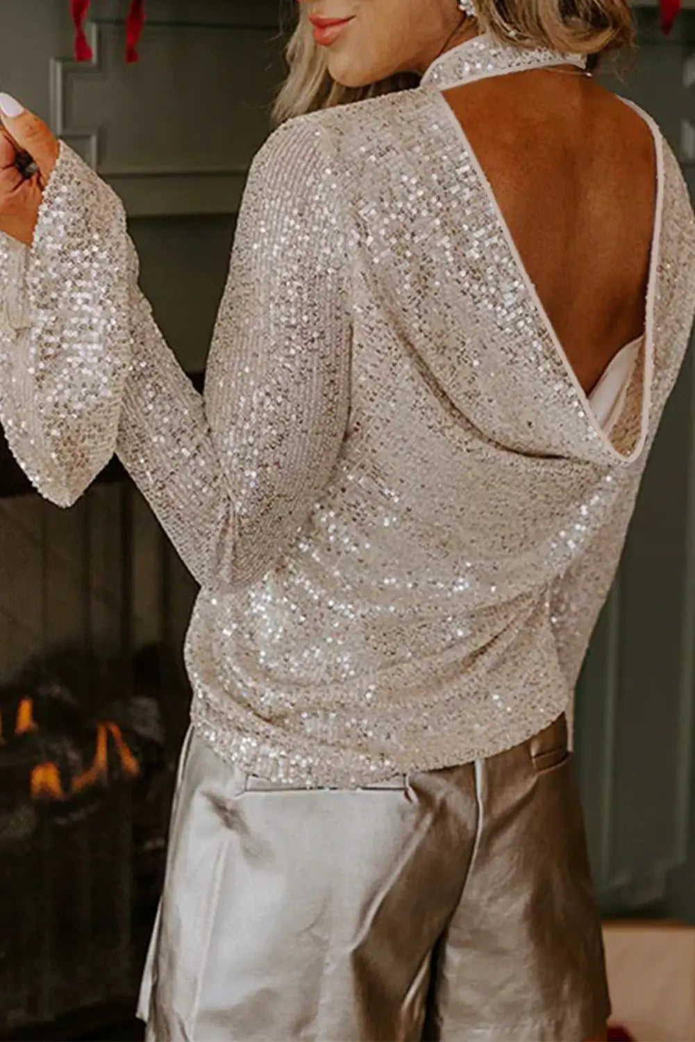 Sequin Mock Neck Drape Open Back Bell Sleeve Top