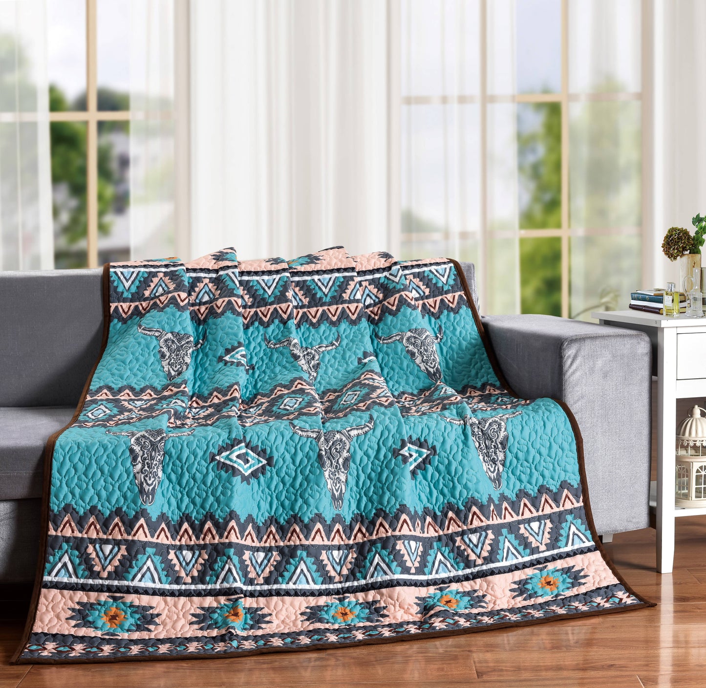 Saguaro Boho Cow Bull Skull Decorative Throw Quilt Blanket