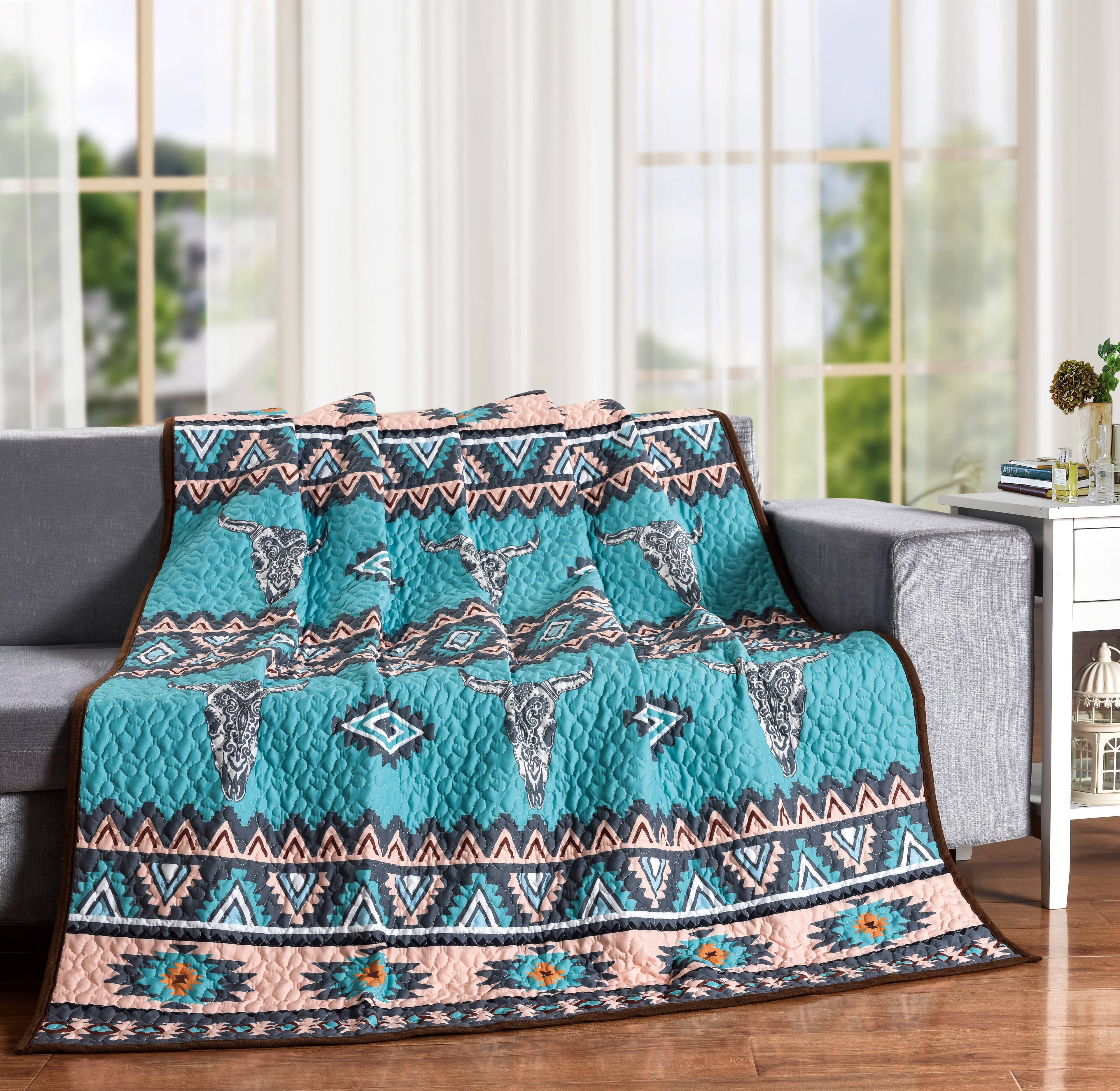 Saguaro Boho Cow Bull Skull Decorative Throw Quilt Blanket