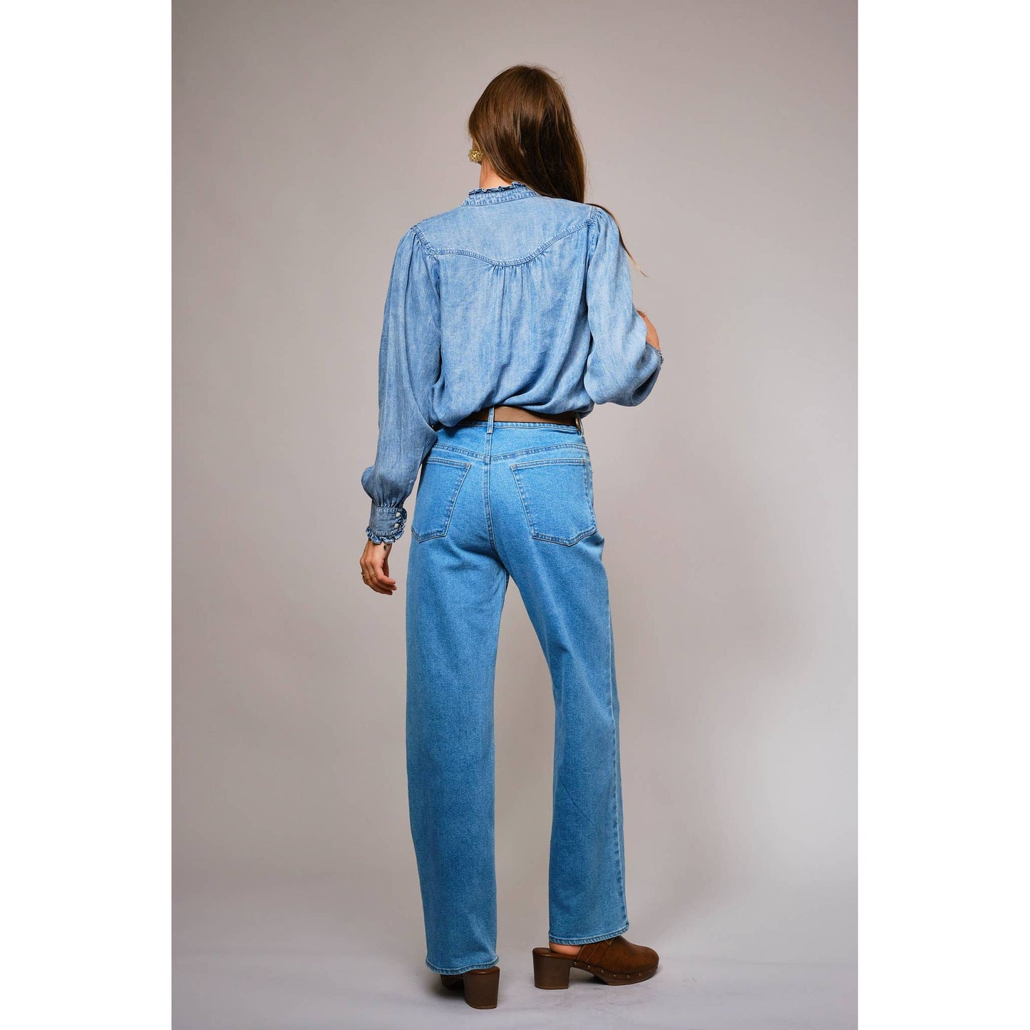 Blue B. Ruffle Neck Denim Snap Button Shirt 23709T