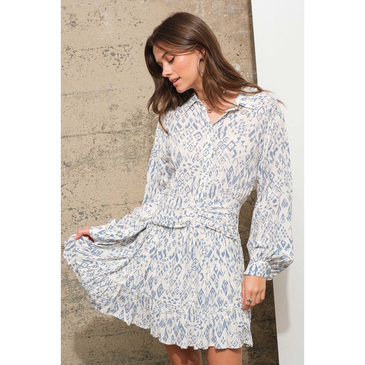 34940D - Ikat Aztec Print Button up Ruched Waist Shirt Dress