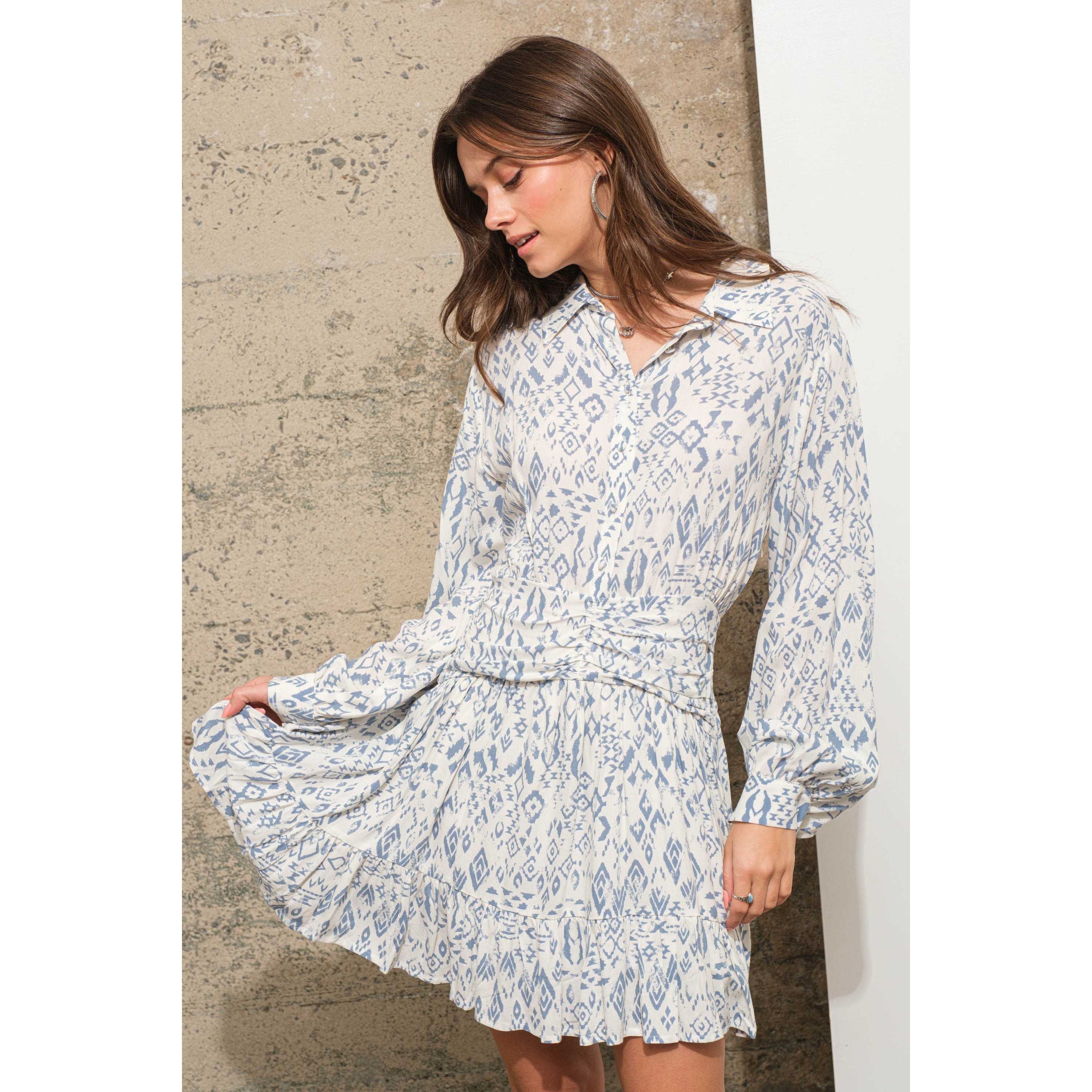 34940D - Ikat Aztec Print Button up Ruched Waist Shirt Dress
