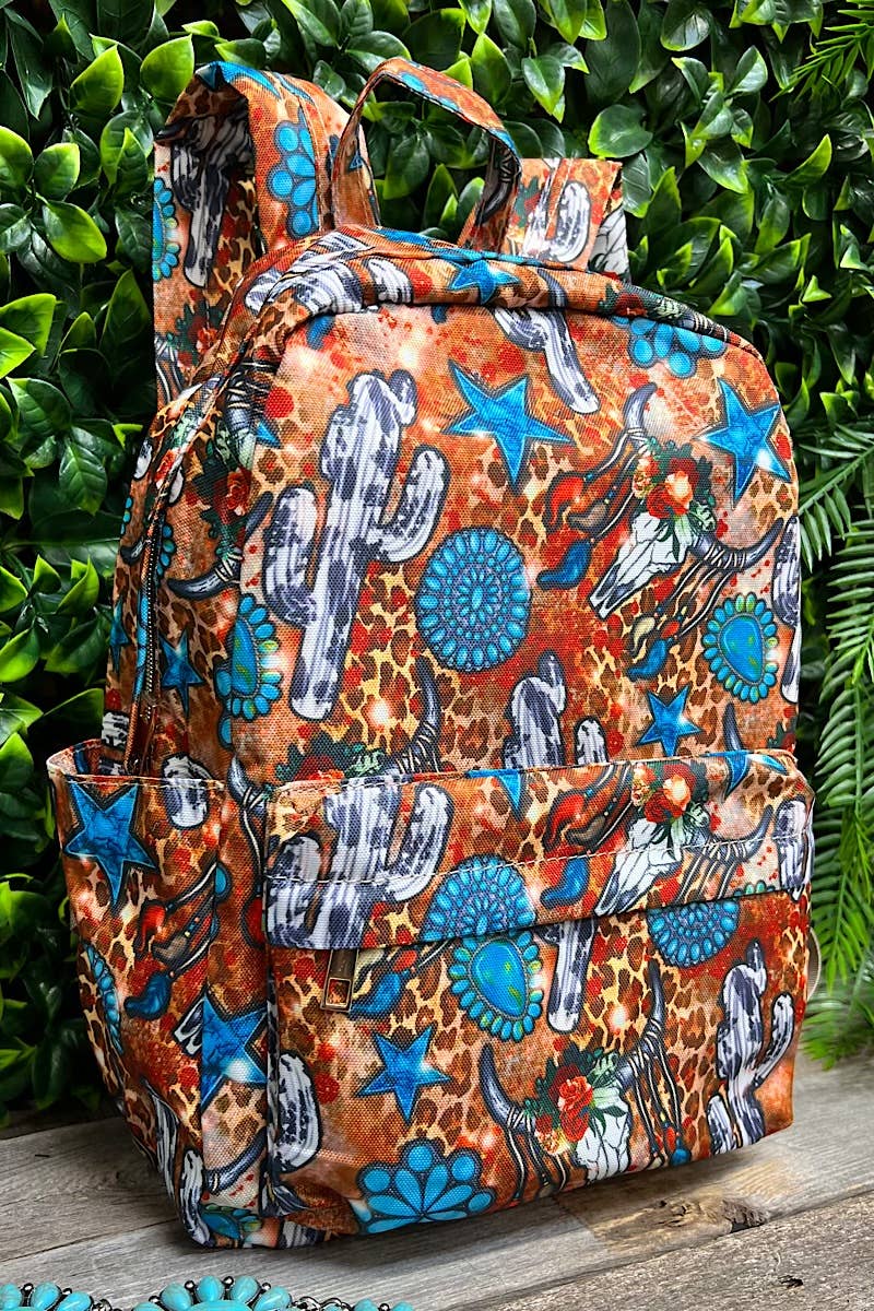 CONCHO, STAR & COW CACTUS PRINTED SMALL SIZE BACKPACK.