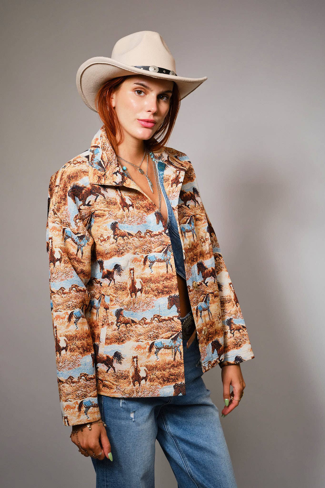 Blue B Western Pattern Button Front Jacquard Jacket 33144J