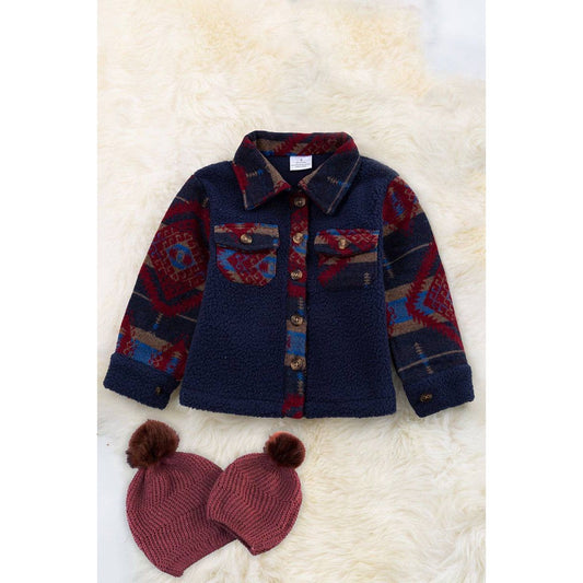 Navy blue sherpa shacket with geometric printed sleeve. TPG65133050SOL