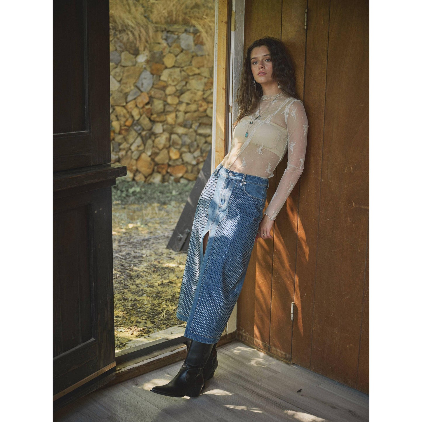 Blue B - 23052S - Embellished Stone Slit Midi Denim Skirt