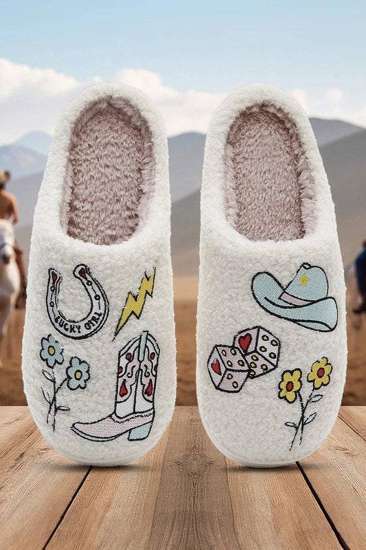 White Asymmetric Embroidered Pattern Cowgirl Plush House Slippers