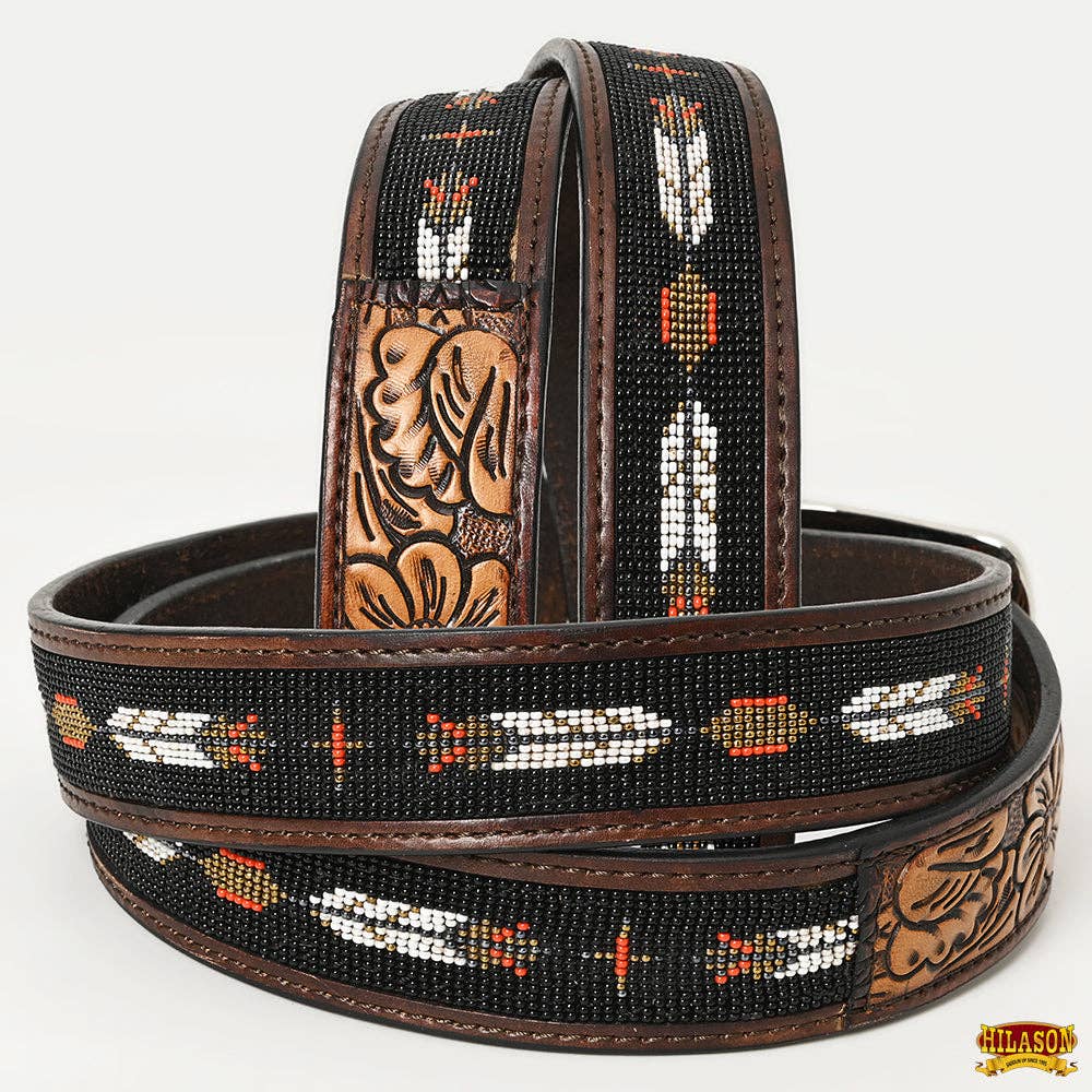 HILASON Men’s Belt Hand Tooled Leather Hand Beaded & Carved