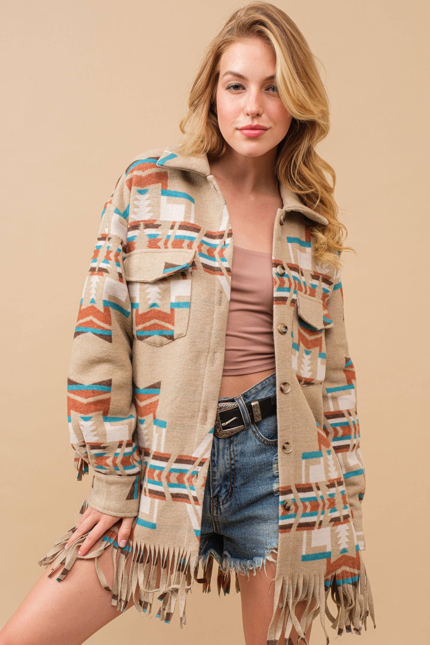 34200J - Blue B Exclusive Aztec Button Up Shirt Jacket