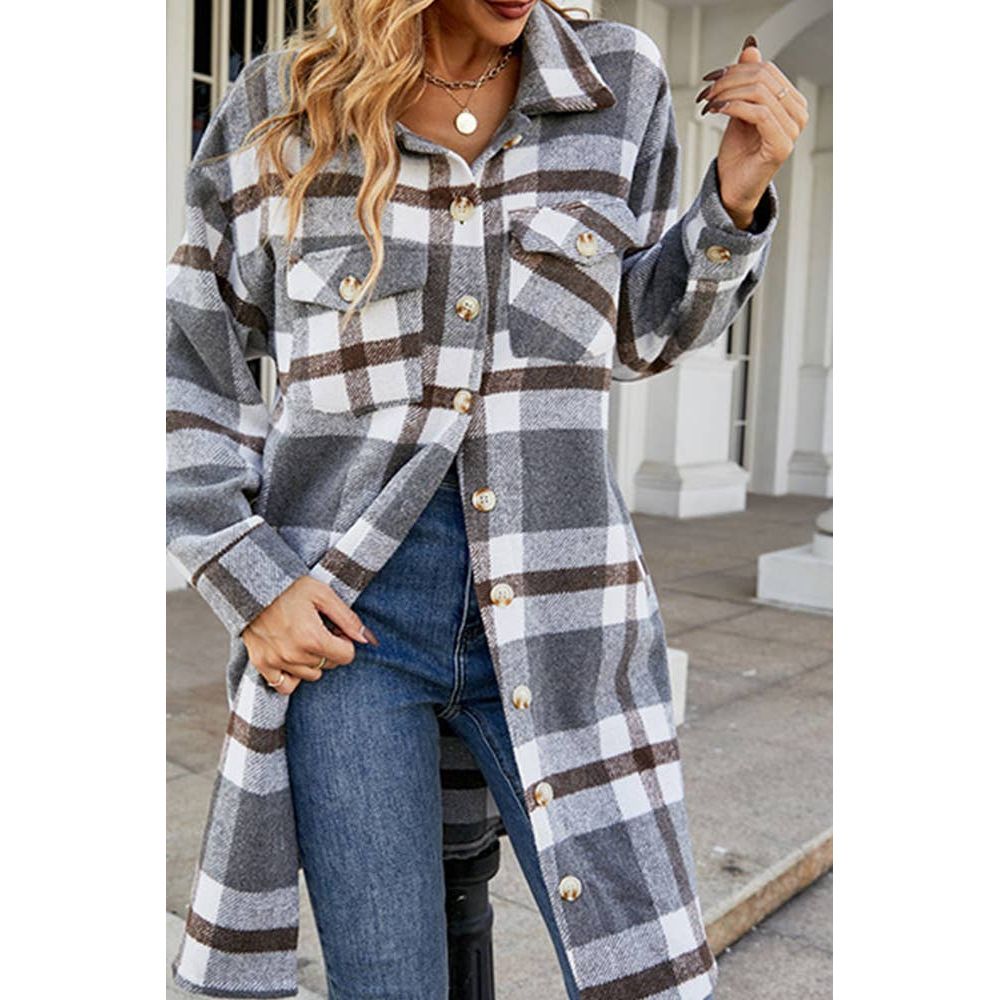 Long Plaid Coat Striped Button Up Side Poacketed Jacket