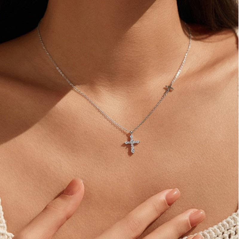 Dual Pavé Moissanite Cross Necklace in 925 Sterling Silver