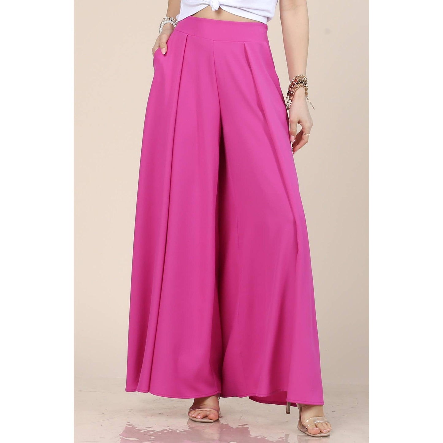 Nylon Apparel - P919-Solid-Solid  Color Women Wide Palazzo Pants