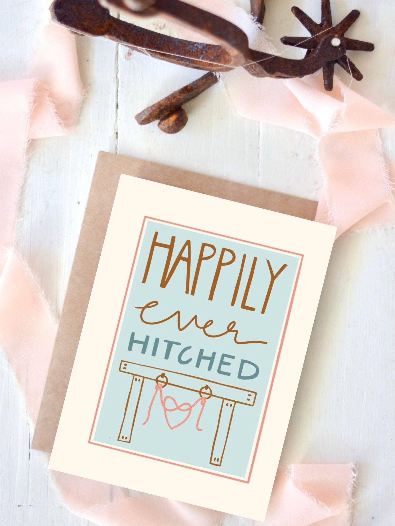 Happily Ever Hitched Western Wedding Congratulations Card — Rustic Cowboy Bride and Groom Gift