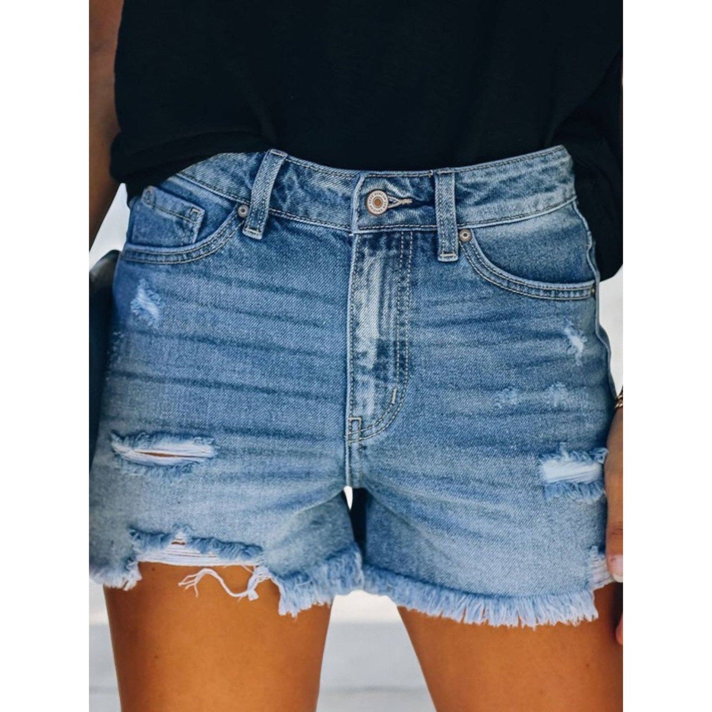 Distressed Denim Shorts with Frayed Hem