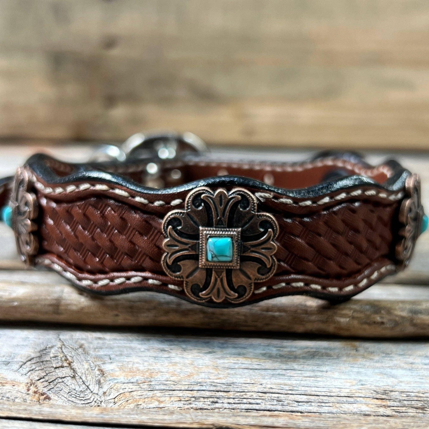 Rodeo Drive - Leather Dog Collar with Copper Fleur De Lis 10" to 22"