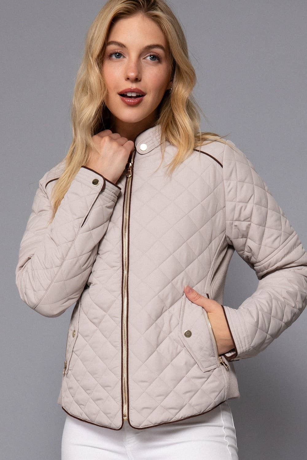 Suede Piping Detail Side Rib Quilted Padding Jacket