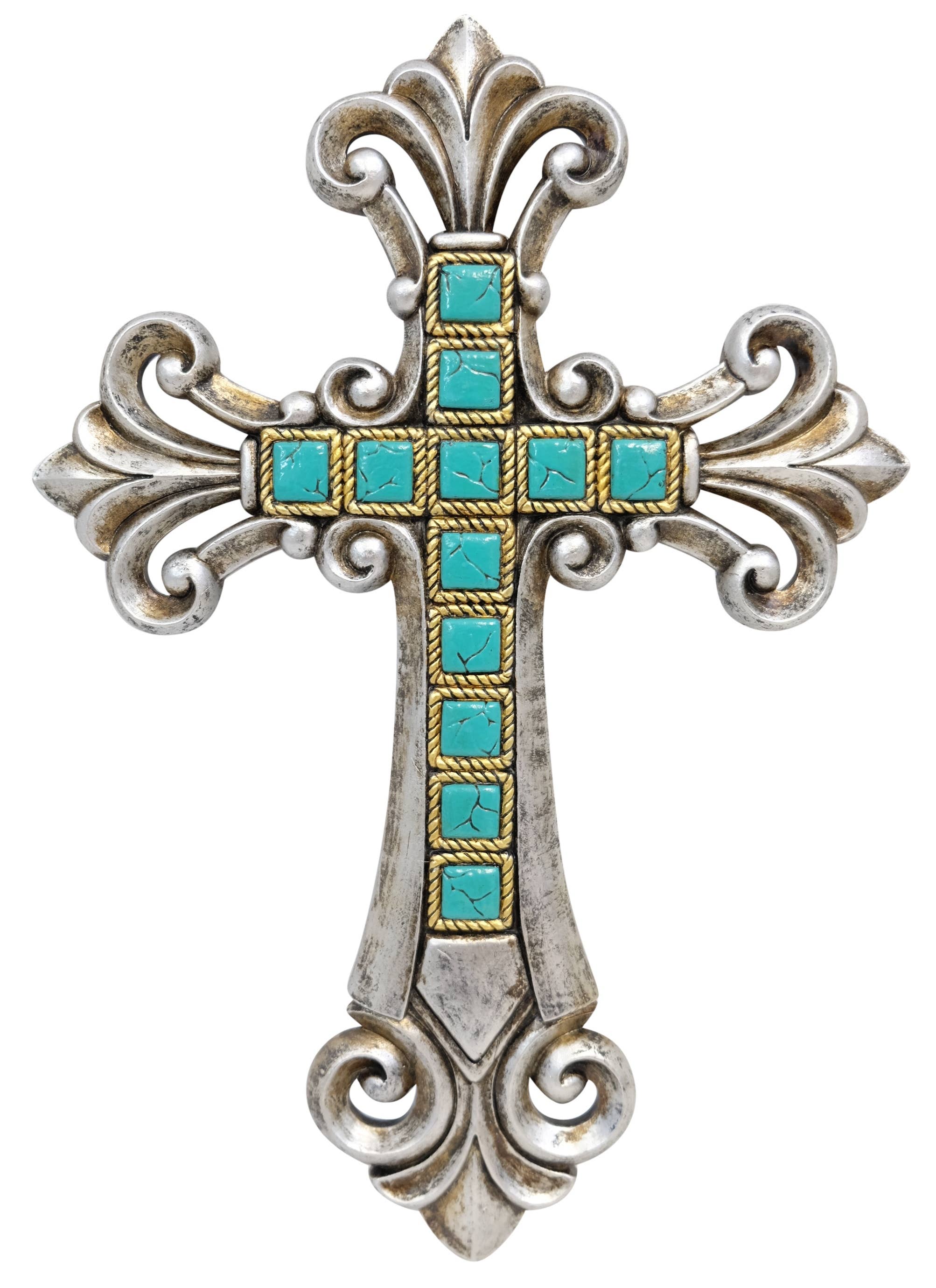 Silver and Turquoise Tile Fleur De Lis Hanging Wall Cross