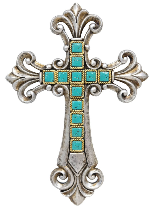 Silver and Turquoise Tile Fleur De Lis Hanging Wall Cross