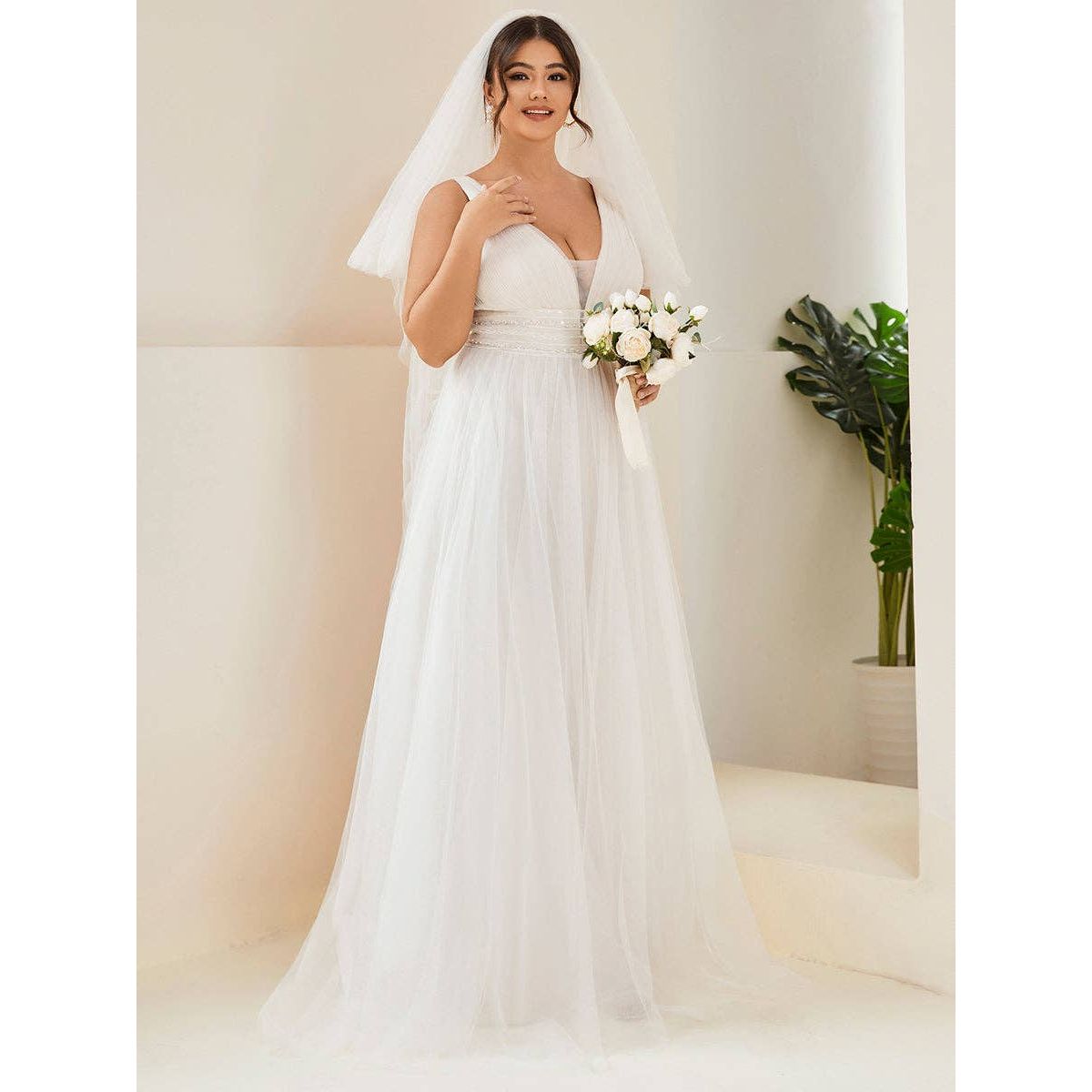 Ever-Pretty - Plus Backless A Line Sleeveless Mesh Wedding Dress
