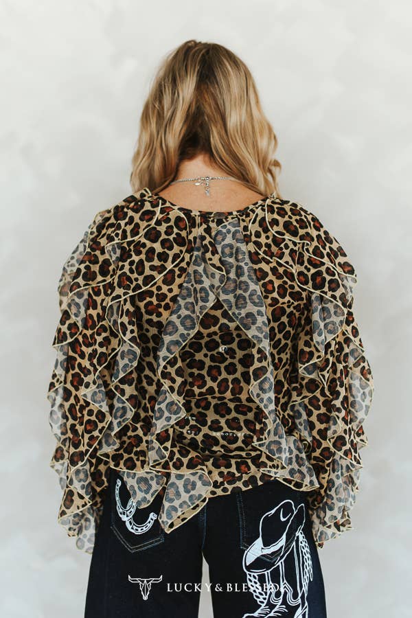 Leopard Print Ruffle Long Sleeve Blouse