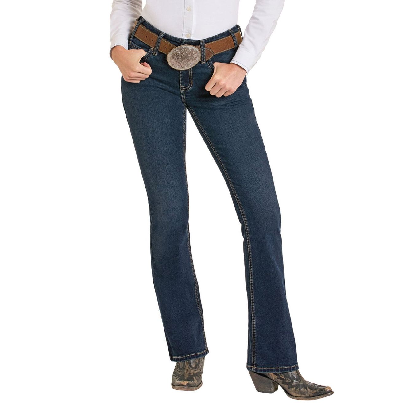 Rock & Roll Denim Ladies Riding Jean - Dark Vintage, Mid Rise, Boot Stitch Pocket BW4RD07205