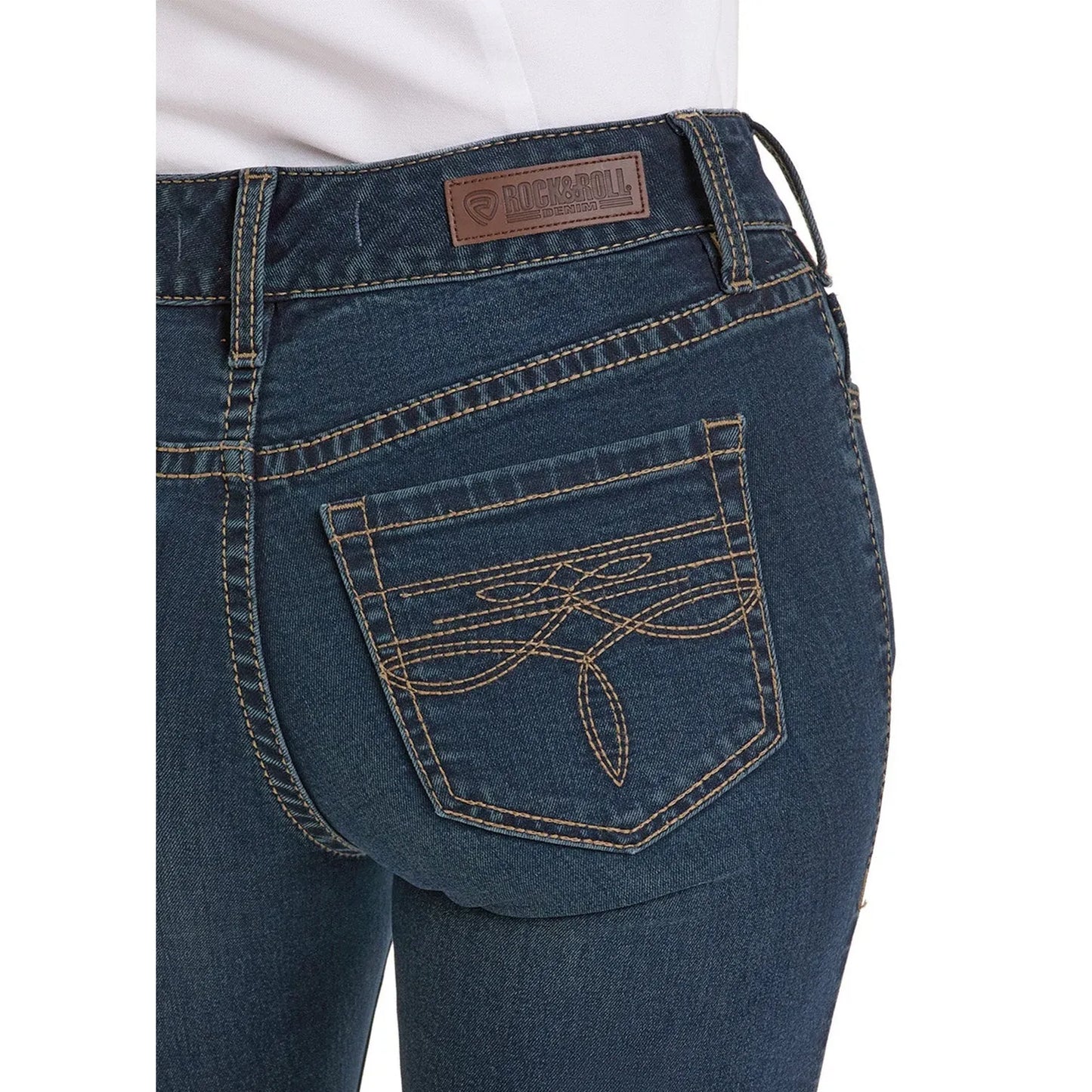 Rock & Roll Denim Ladies Riding Jean - Dark Vintage, Mid Rise, Boot Stitch Pocket BW4RD07205
