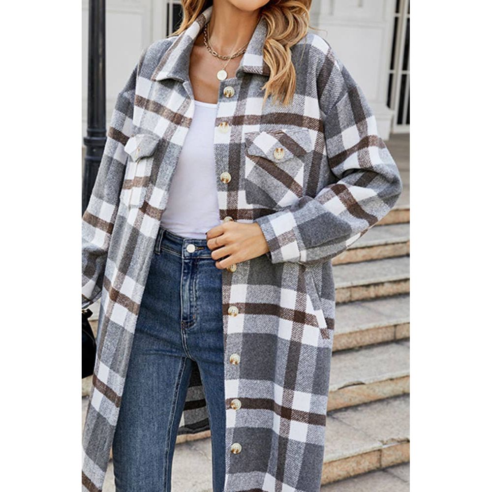 Long Plaid Coat Striped Button Up Side Poacketed Jacket